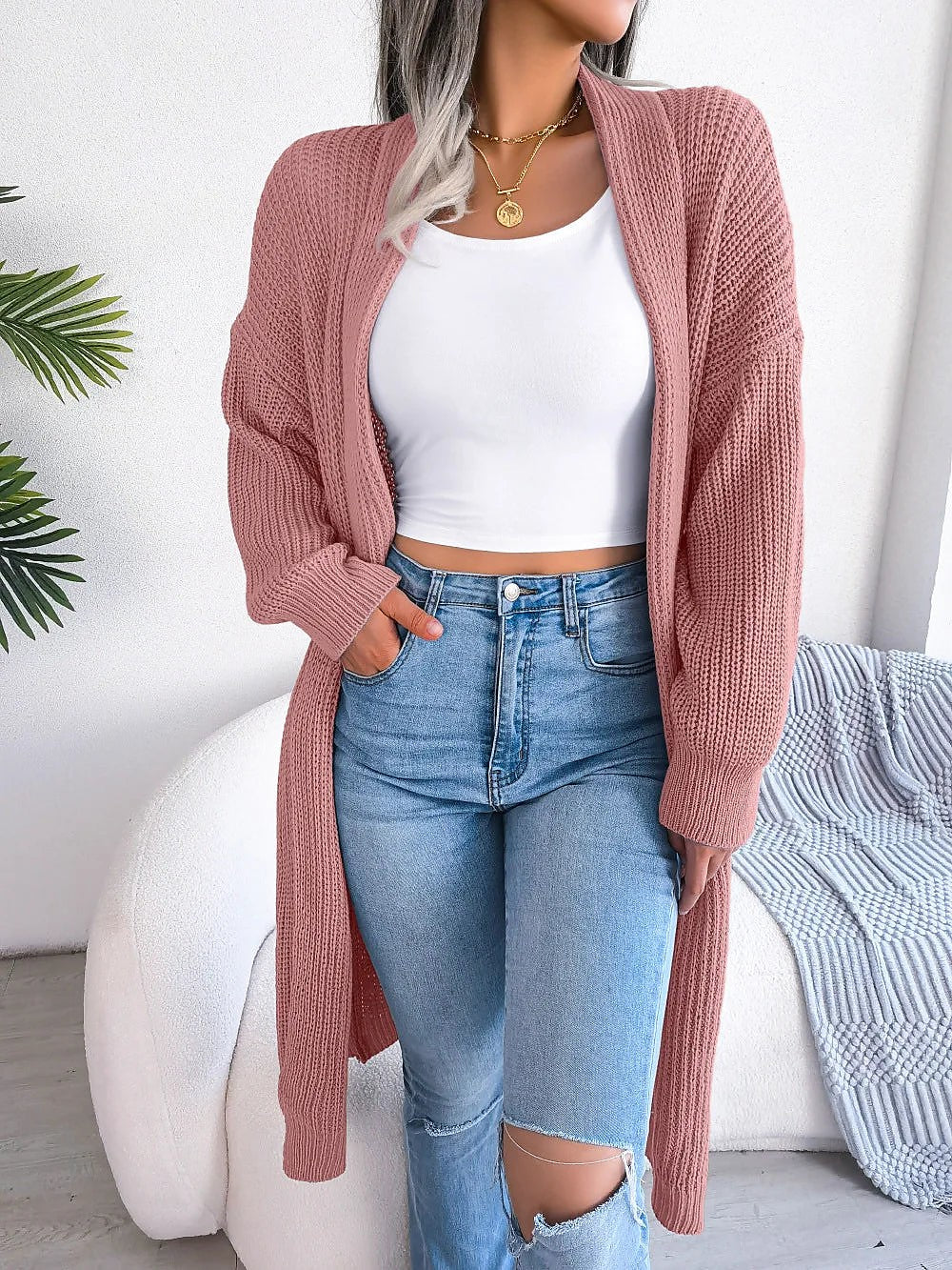 Women's Chunky Ribbed Longline Open Cardigan