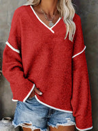 Women's Two Tone V Neck Knit Jumper