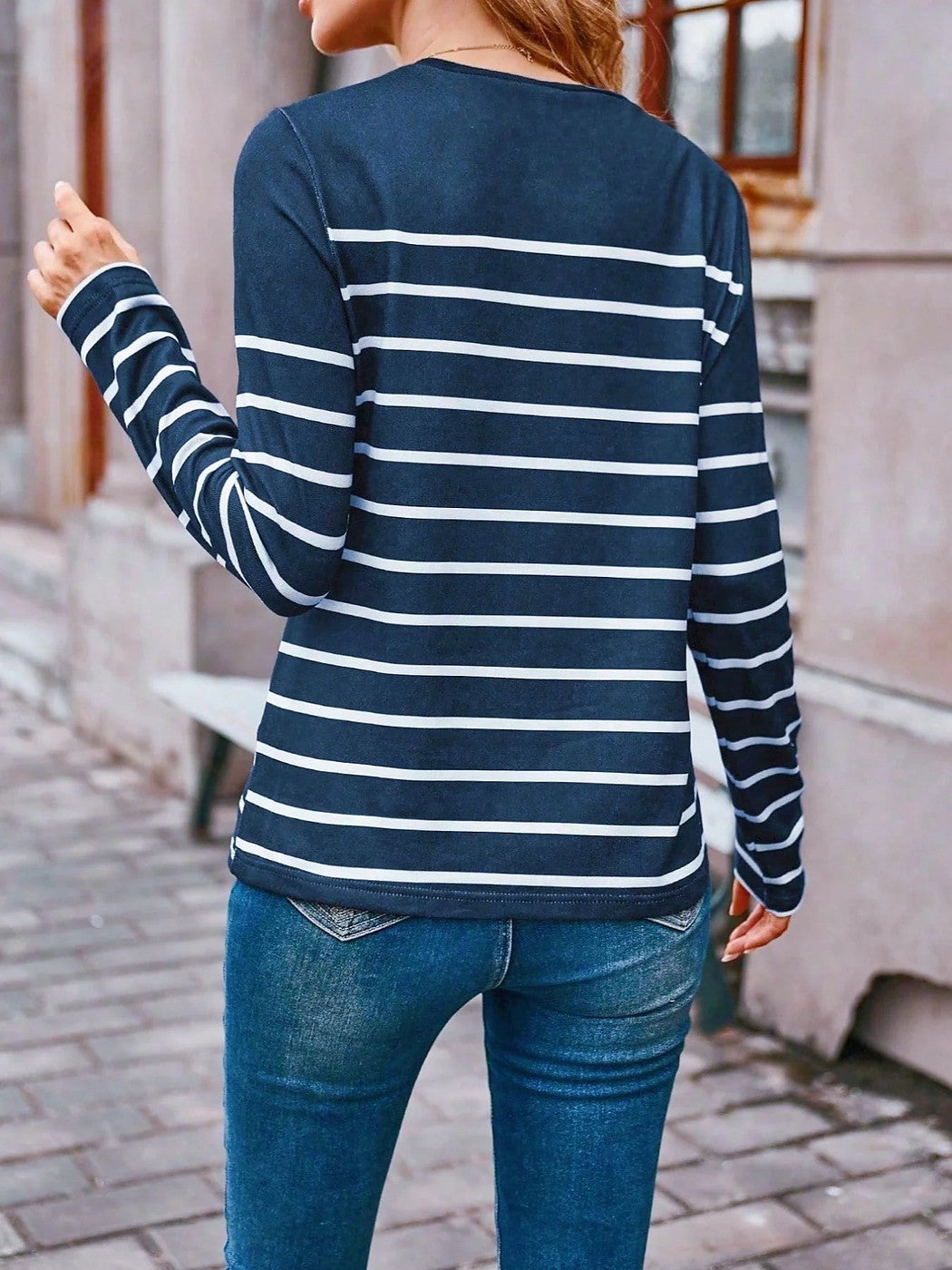 Women's Striped Henley Button Placket Cotton Top