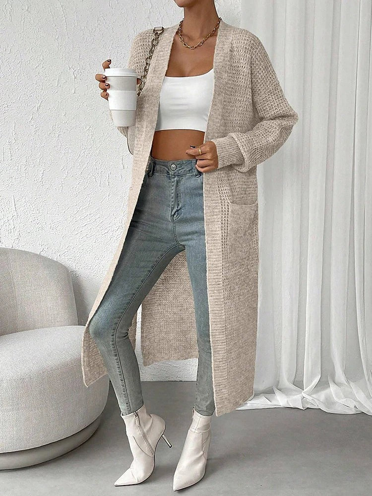 Women's Waffle Knit Side Split Long Cardigan