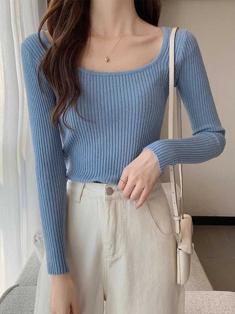 Women's Square Neck Ribbed Fitted Top
