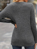 Women's Ribbed Button Front V Neck Top