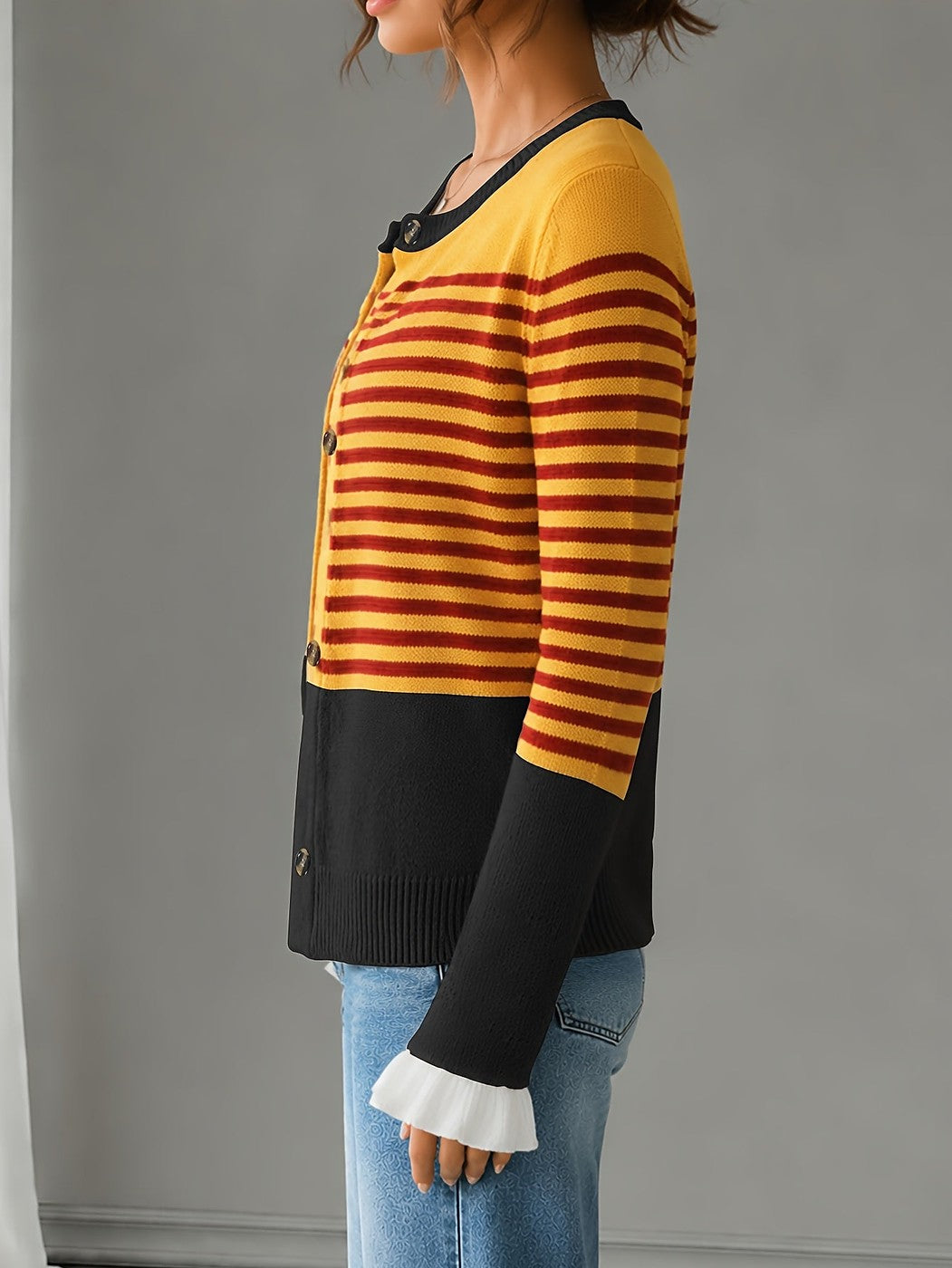 Women's Striped Frill Cuff Autumn Cardigan