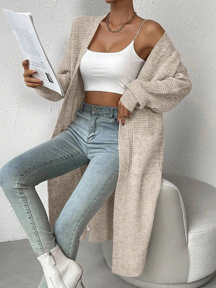 Women's Waffle Knit Side Split Long Cardigan