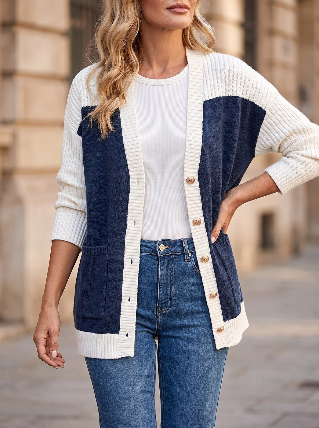 Women's Longline Colour Block Button Cardigan