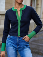Women's Contrast Trim Crew Neck Cardigan