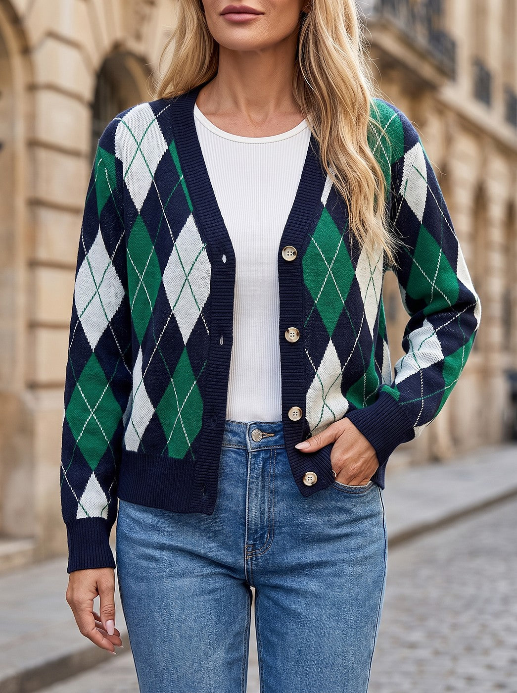Women's Argyle Button Through Cardigan
