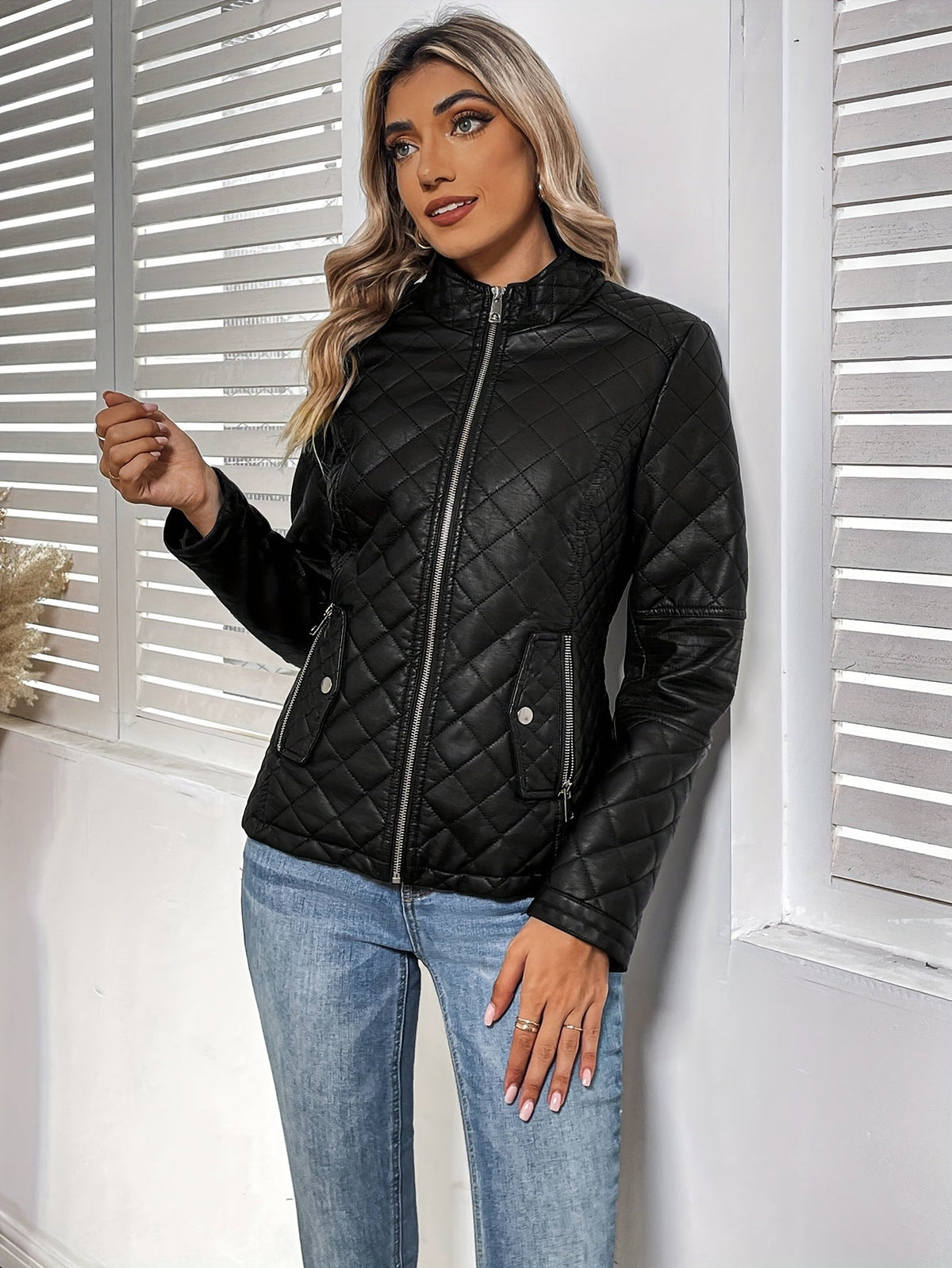 Women's Quilted Faux Leather Biker Jacket