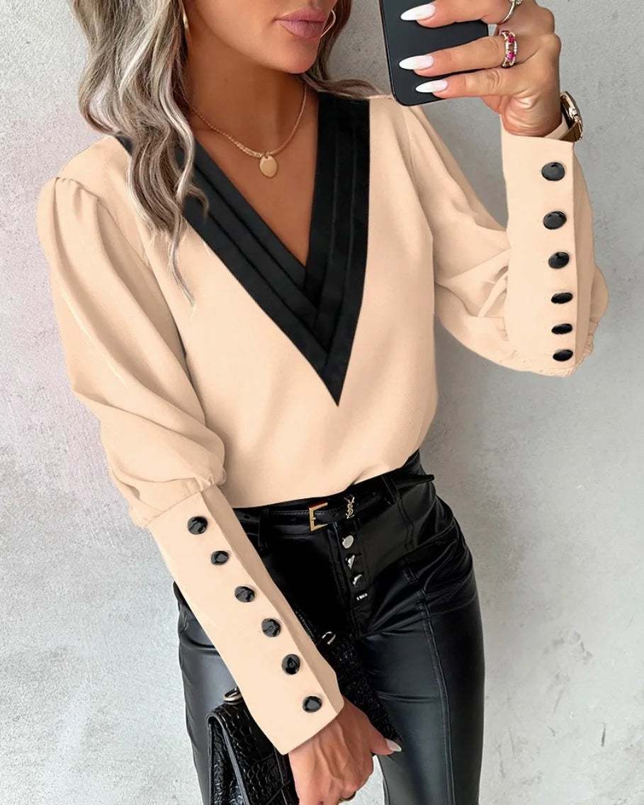 Women's V Neck Button Front Blouse