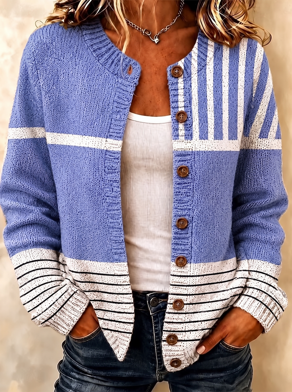 Women's Bold Stripe Buttoned Knit Cardigan
