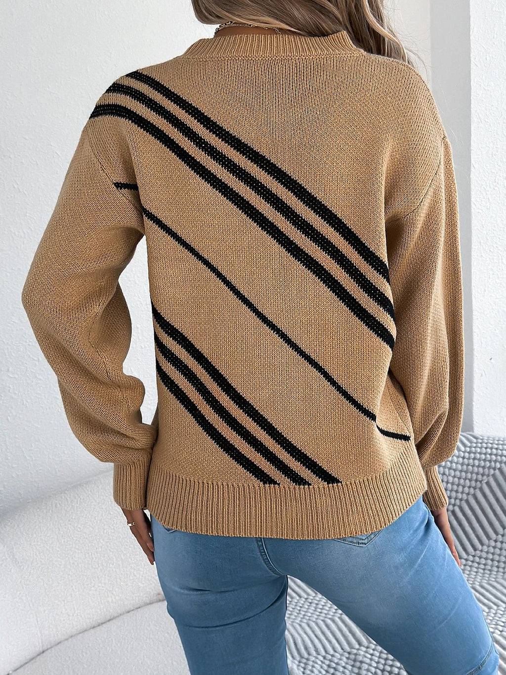 Women's Stripe Puff Sleeve Knitted Winter Jumper