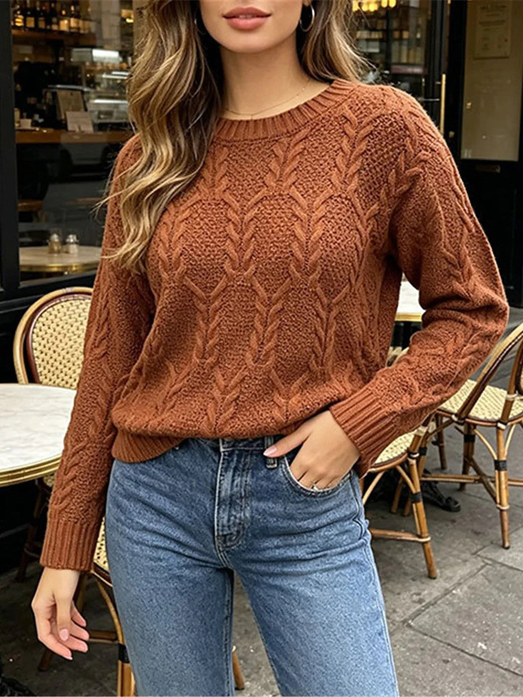 Women's Herringbone Stitch Curved Hem Knit Jumper