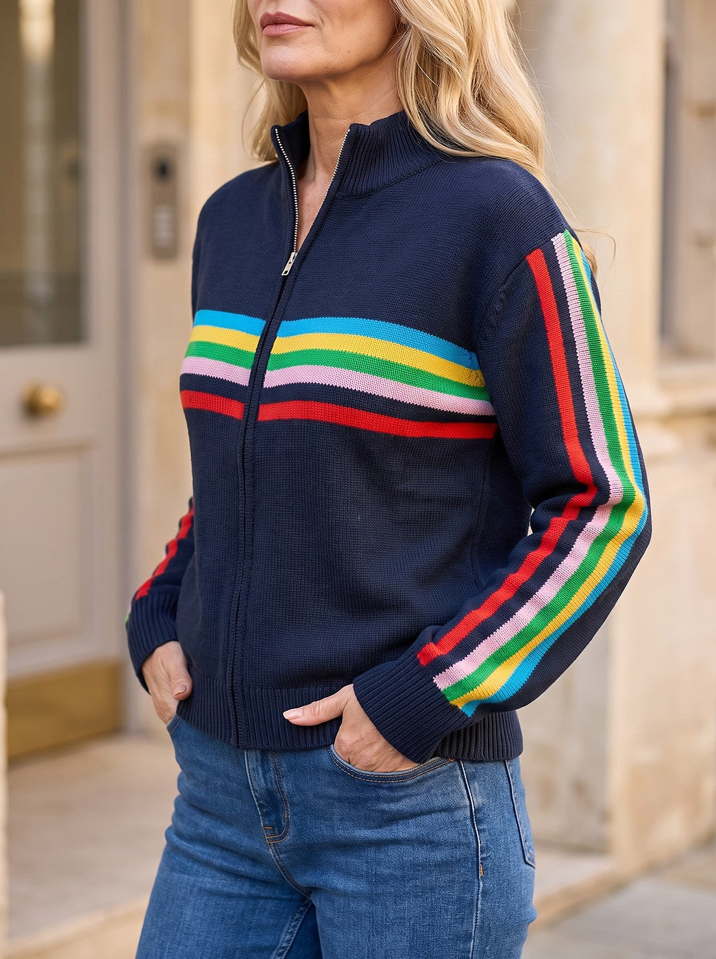 Women's Stripe Zip Through Knitted Jacket