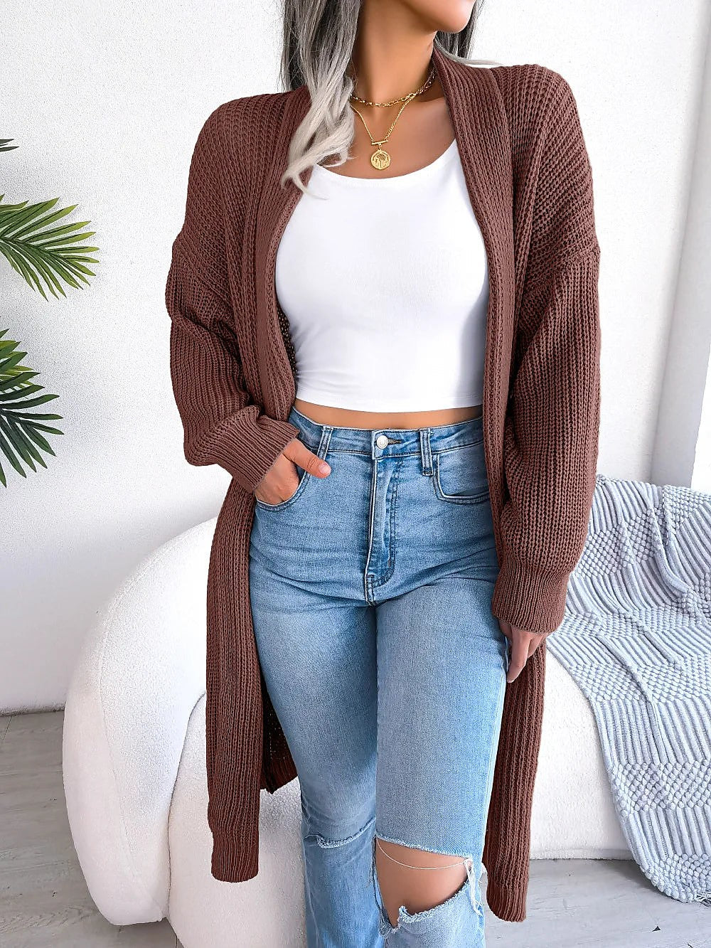 Women's Chunky Ribbed Longline Open Cardigan