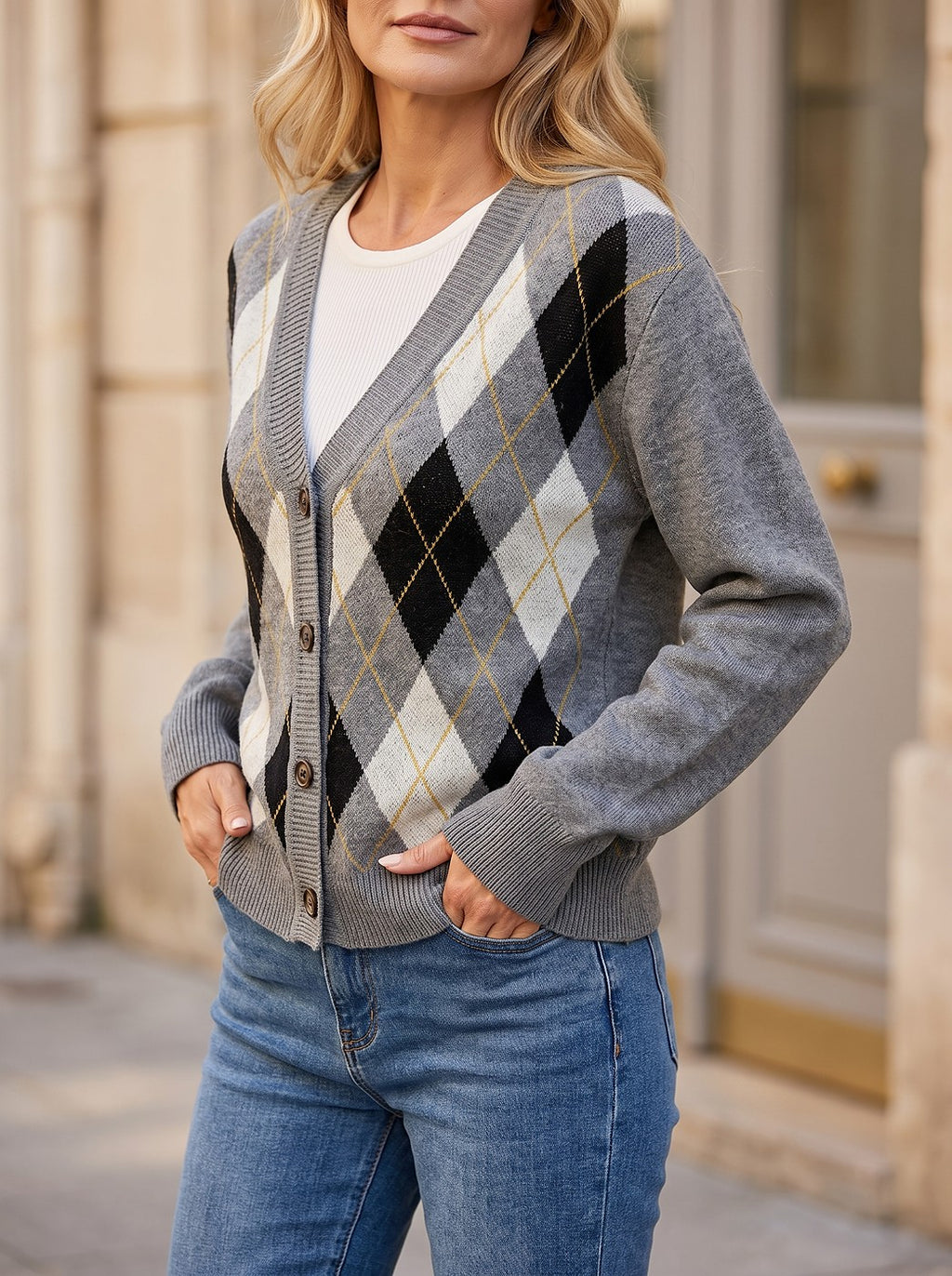 Women's Argyle Button Through Cardigan