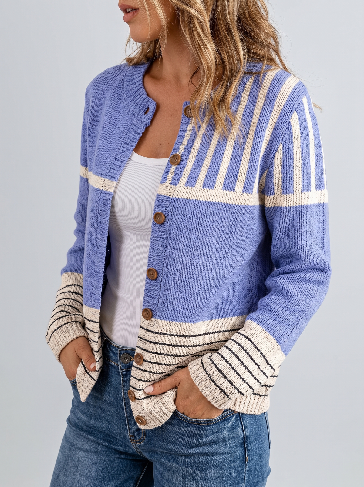 Women's Bold Stripe Buttoned Knit Cardigan