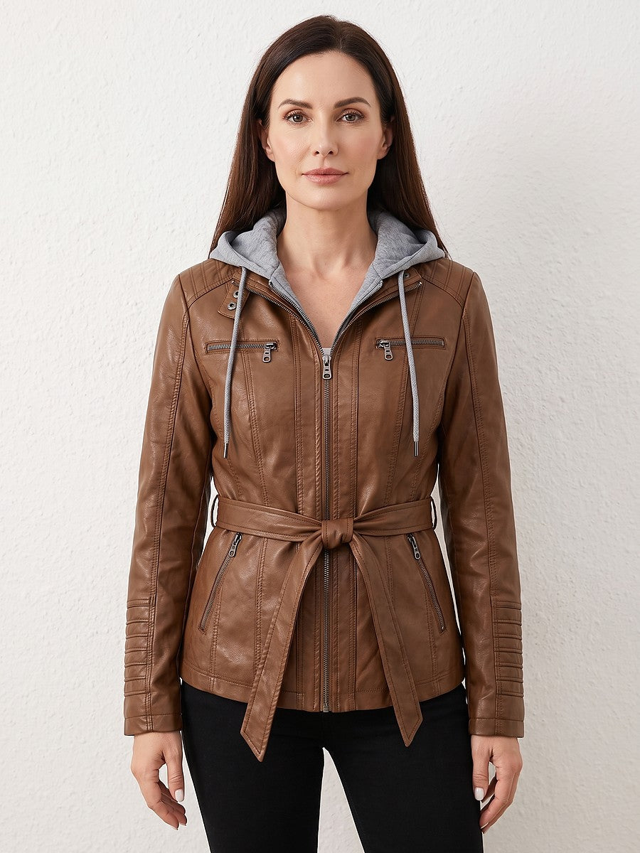 Women's Detachable Hood Faux Leather Jacket