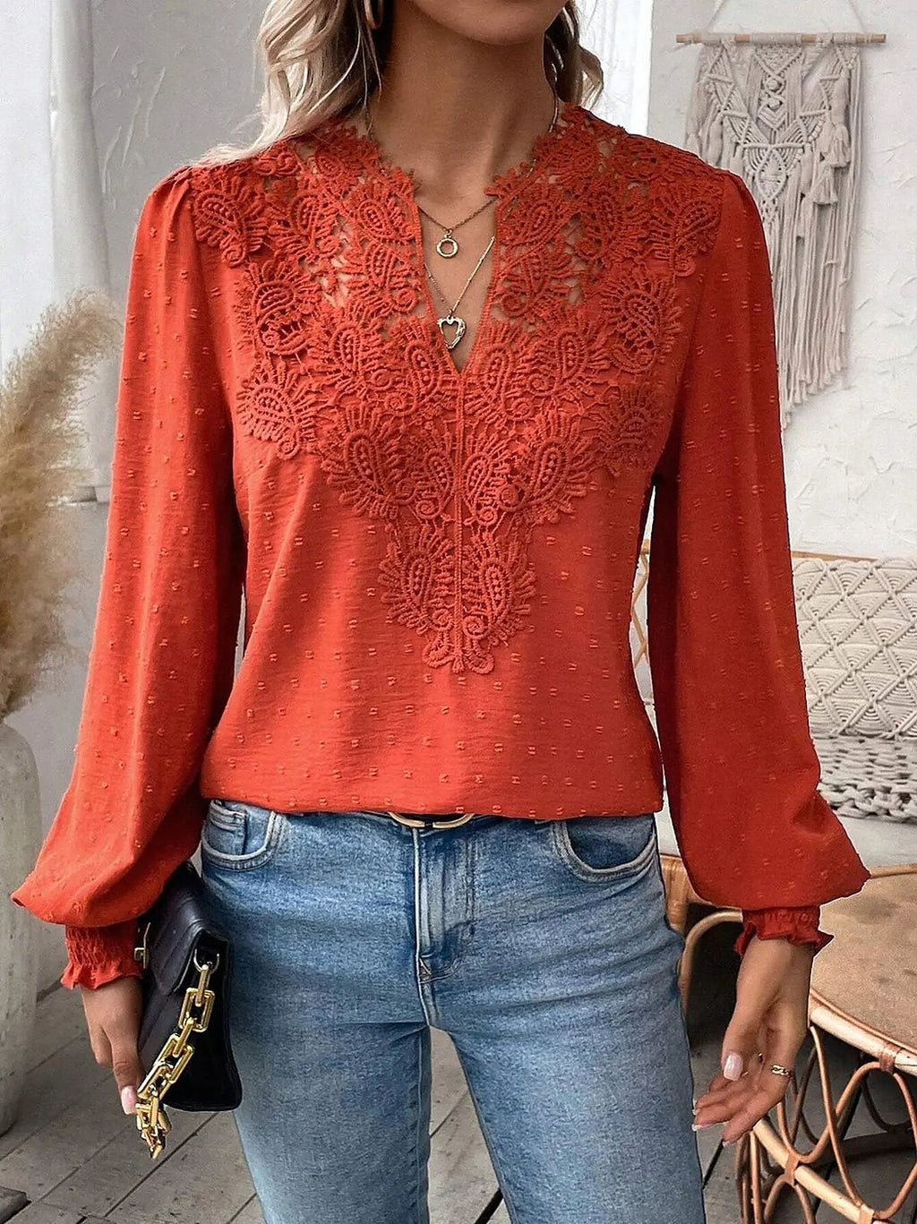 Women's Lace Insert Puff Sleeve Dobby Blouse