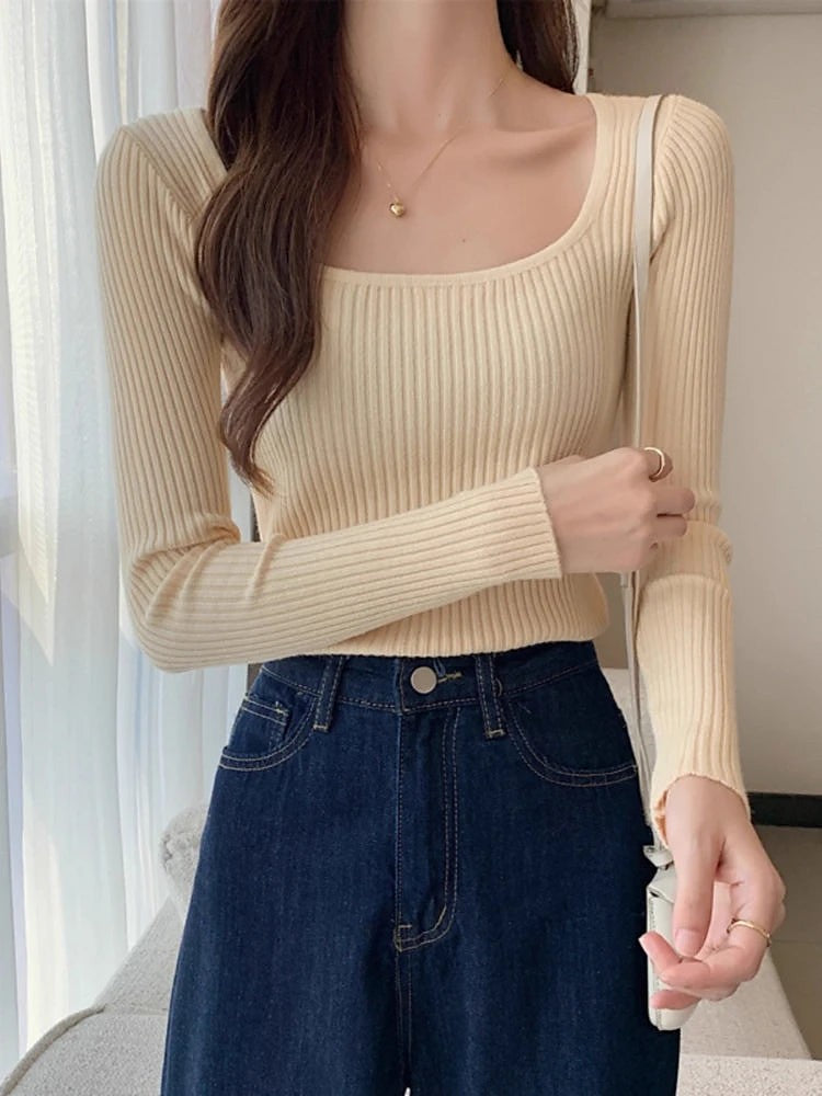 Women's Square Neck Ribbed Fitted Top