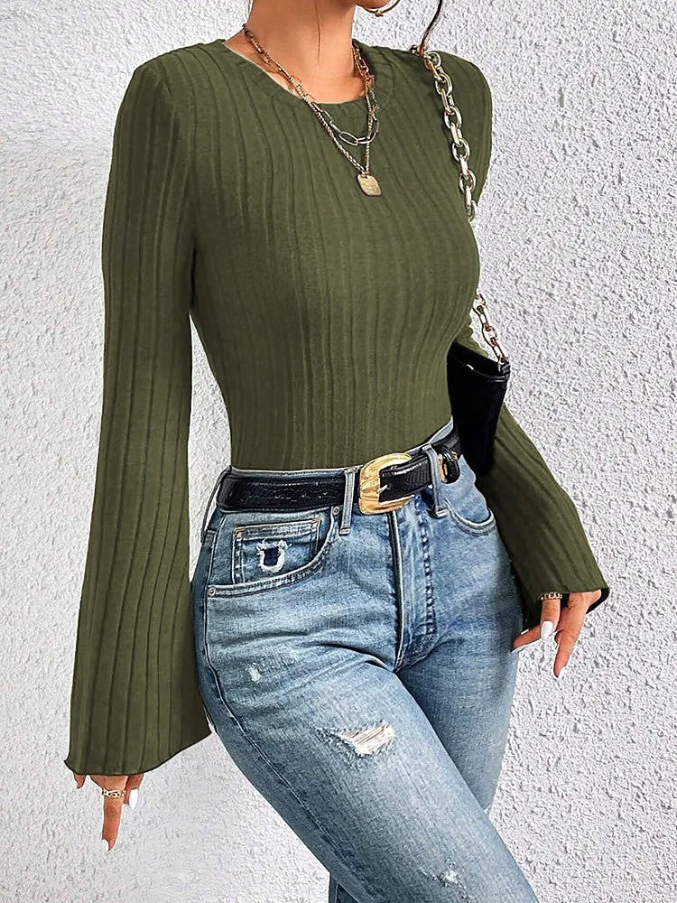 Women's Cropped Flare Sleeve Ribbed Top