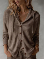 Women's Waffle Knit Hooded Button Overshirt
