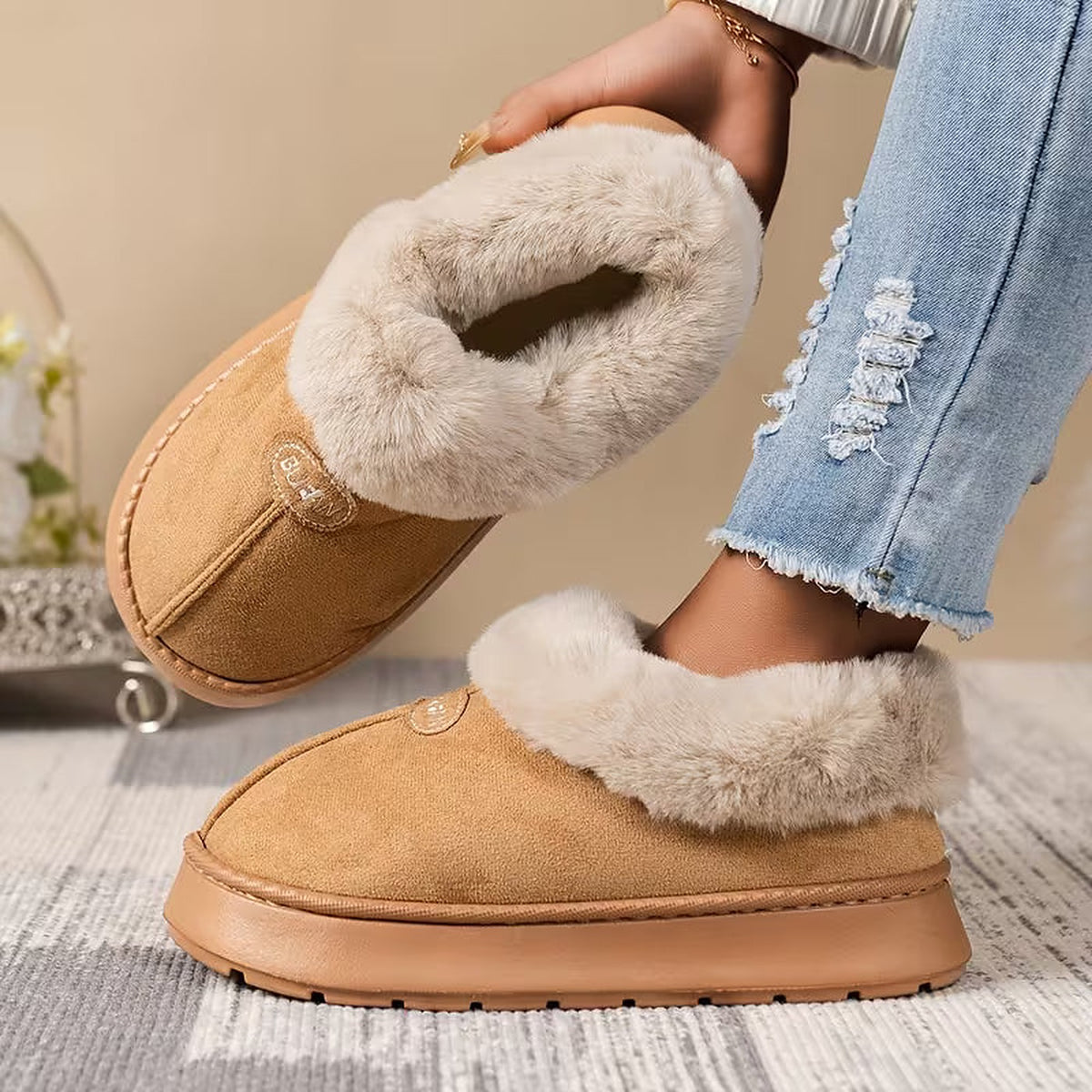 Women's Faux Fur Cuff Winter Slipper Boots