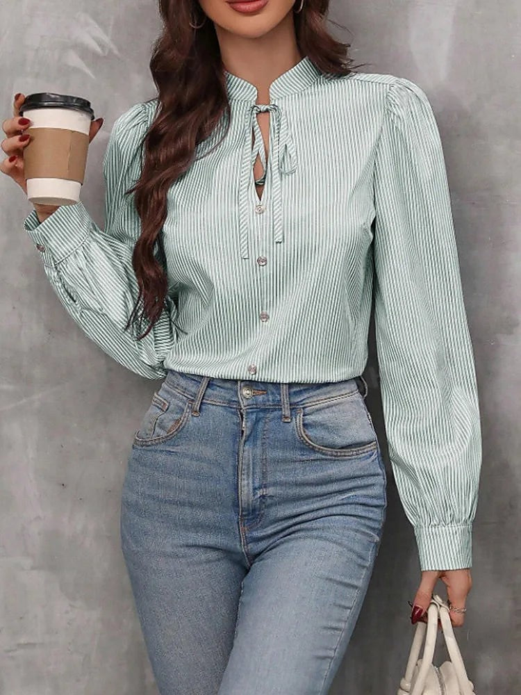 Women's Striped Poplin Tie Neck Blouse