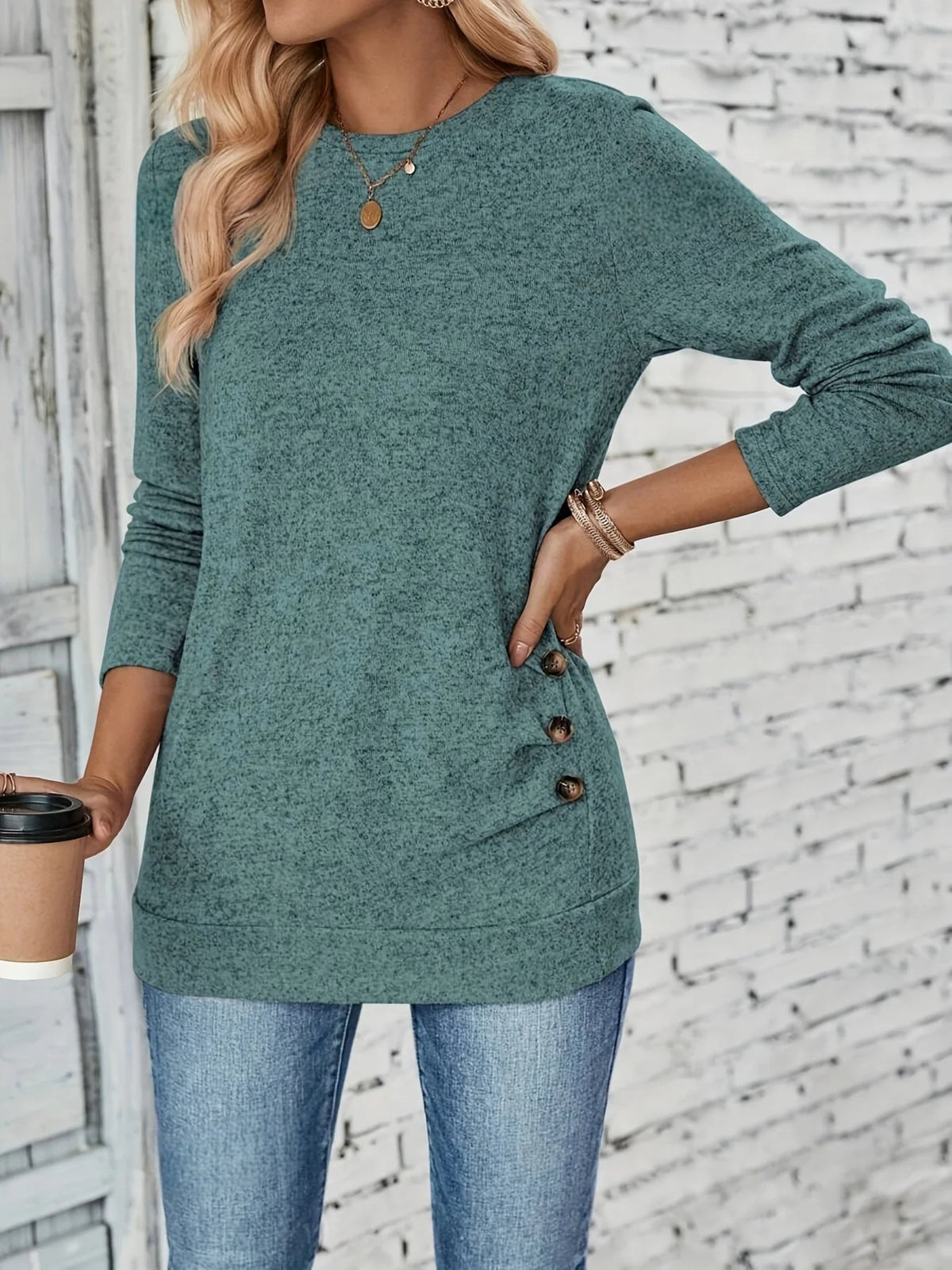 Women's Button Detail Ruched Long Sleeve Top