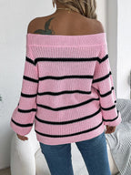 Women's Off Shoulder Chunky Stripe Knitted Jumper