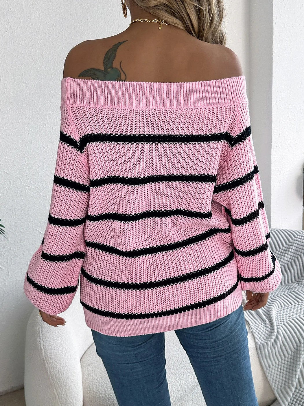 Women's Off Shoulder Chunky Stripe Knitted Jumper