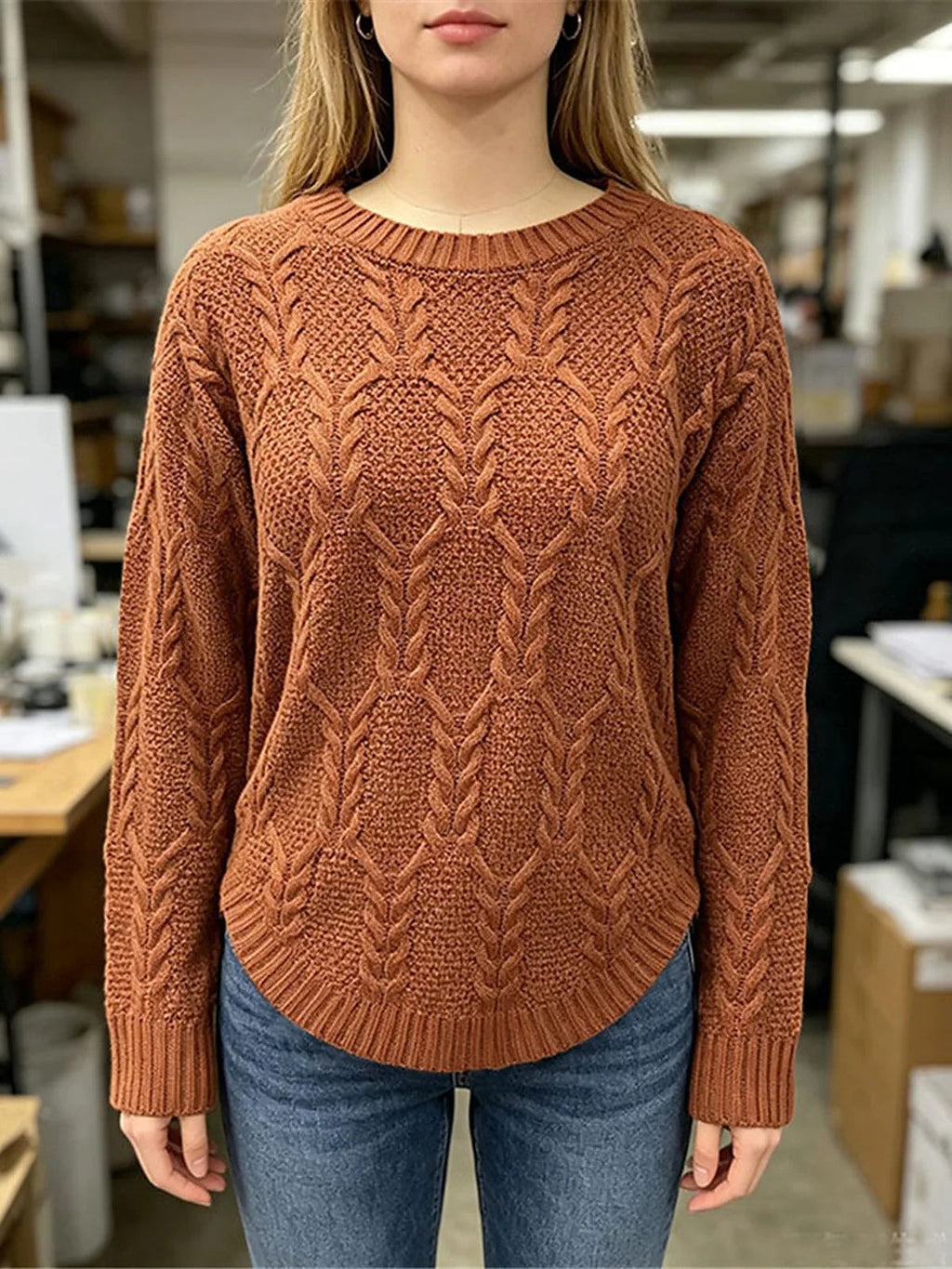 Women's Herringbone Stitch Curved Hem Knit Jumper