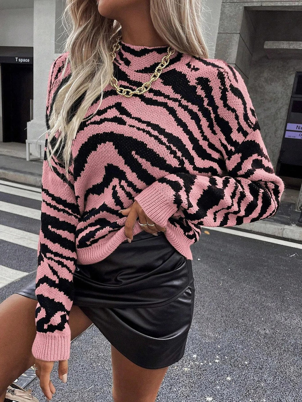 Women's Animal Print Roll Neck Cropped Jumper