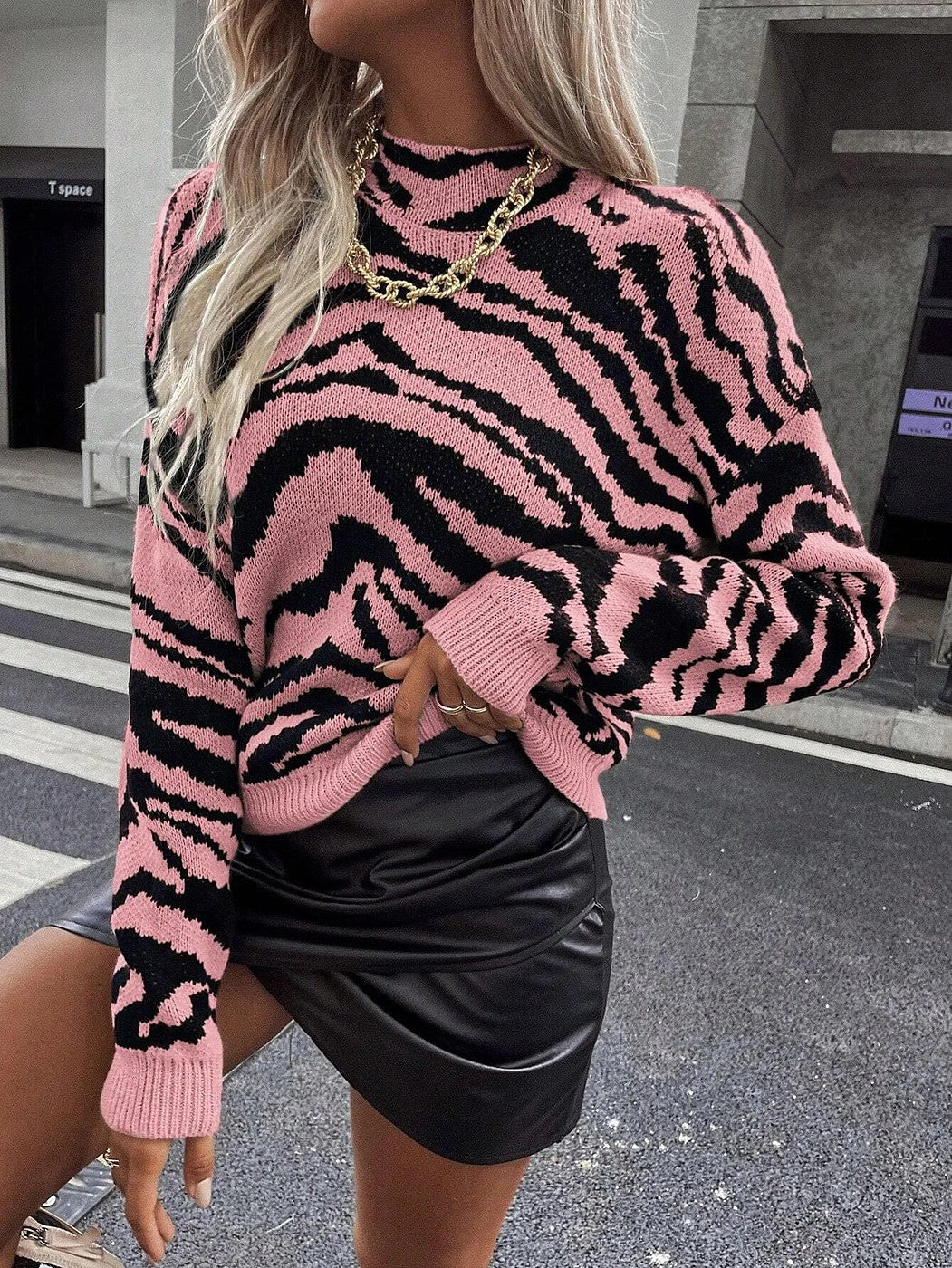 Women's Animal Print Roll Neck Cropped Jumper