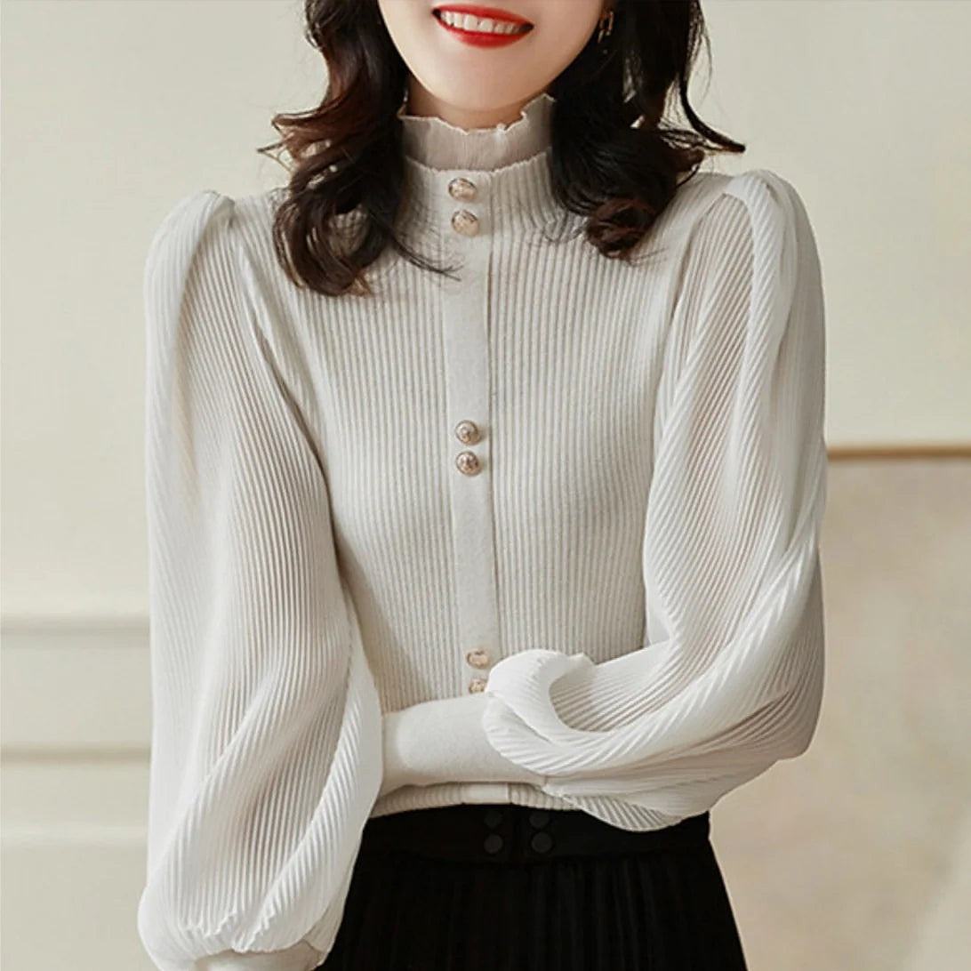 Women's Frill High Neck Pleated Sleeve Blouse
