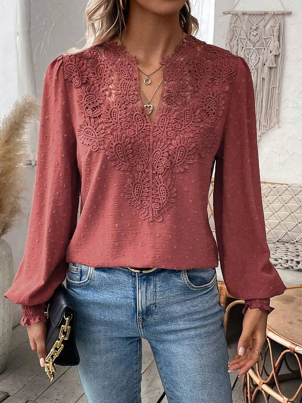 Women's Lace Insert Puff Sleeve Dobby Blouse