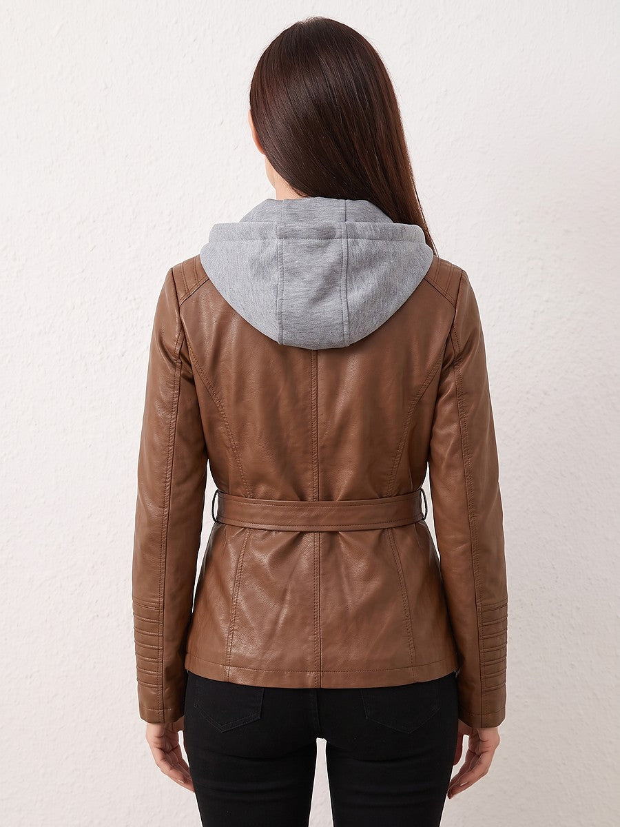 Women's Detachable Hood Faux Leather Jacket