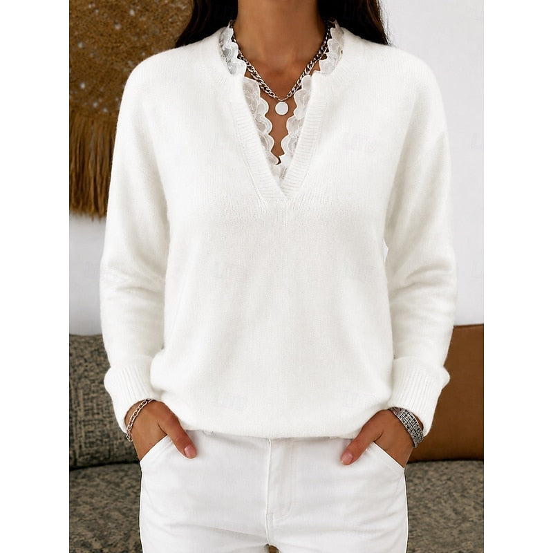 Women's Lace Trim Ribbed V Neck Jumper