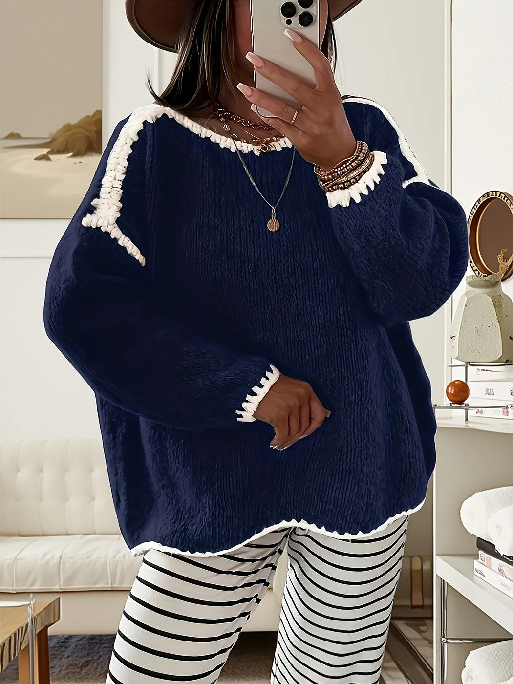 Women's Contrast Trim Oversized Brushed Knit Jumper