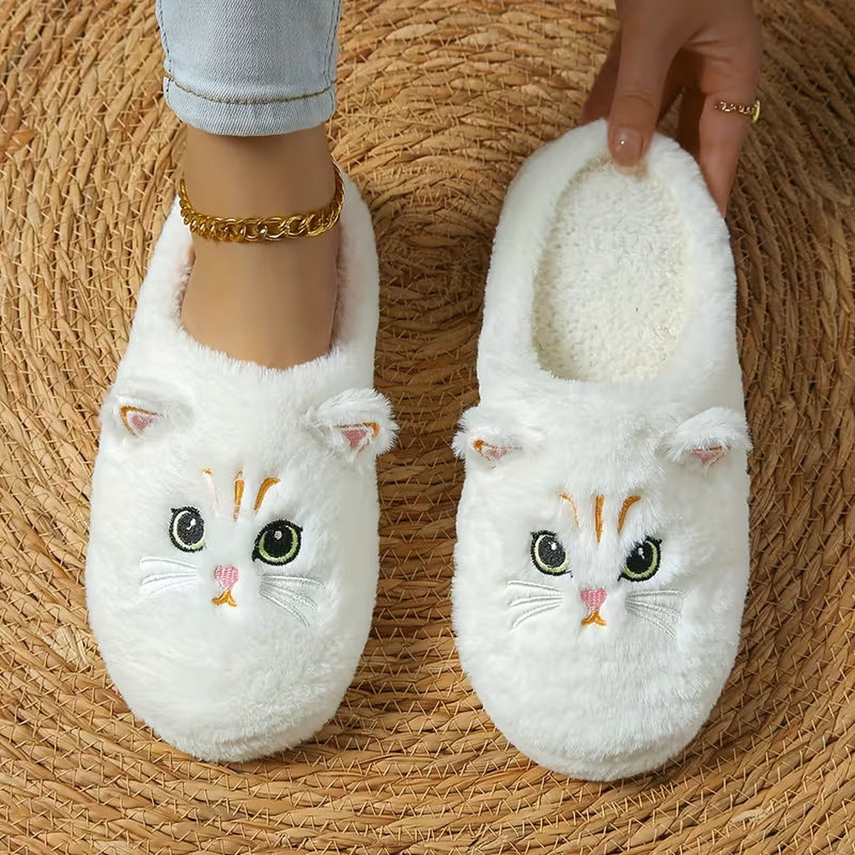 Women's Cat Embroidered Fluffy House Slippers