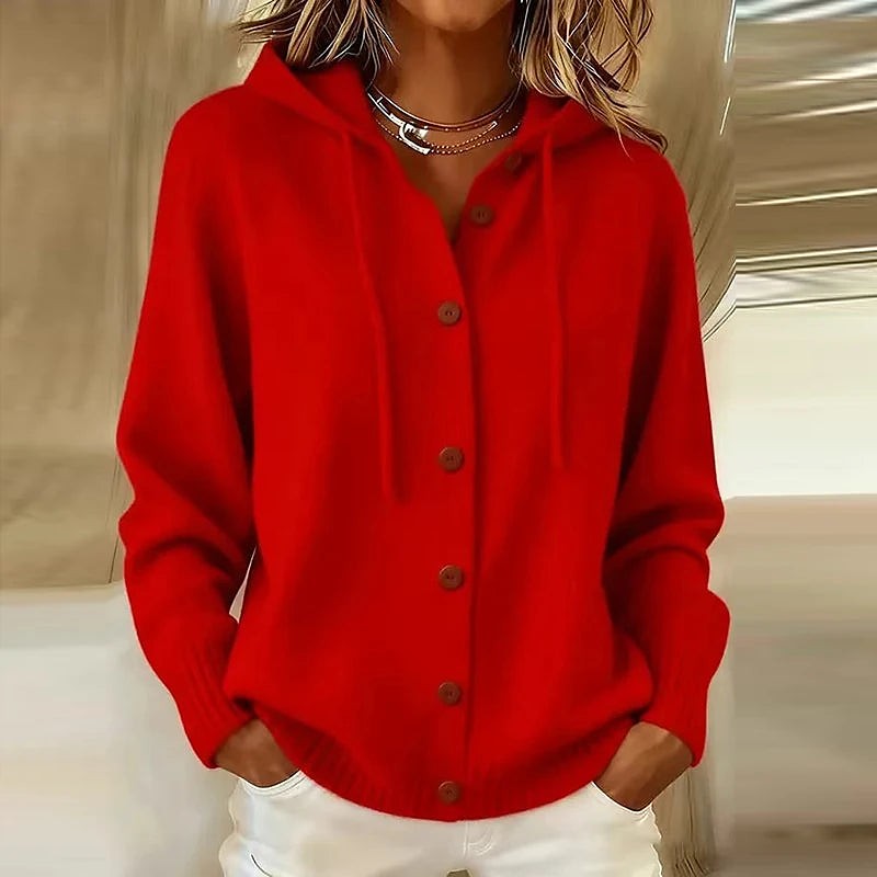 Women's Drawstring Hood Button Through Knit Cardigan