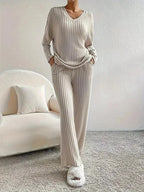 Women's Knitted V Neck Wide Leg Co-ord