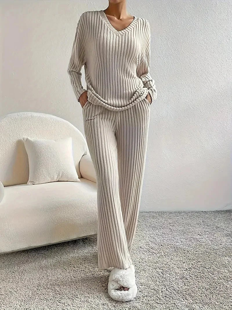 Women's Knitted V Neck Wide Leg Co-ord