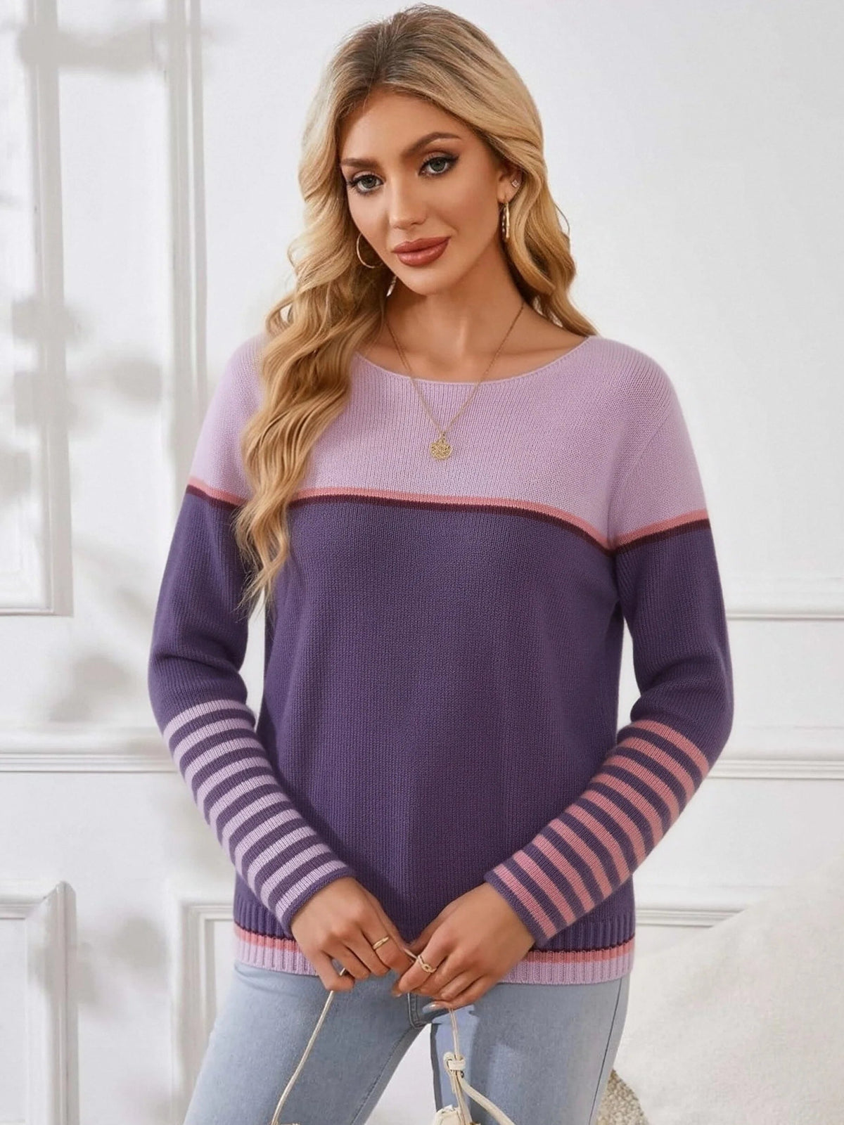 Women's Colour Block Boat Neck Jumper