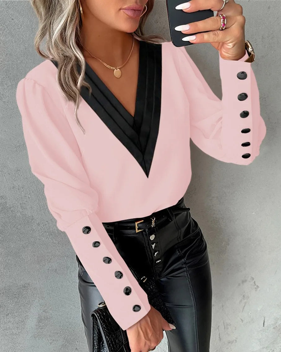 Women's V Neck Button Front Blouse