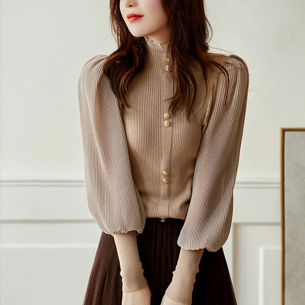 Women's Frill High Neck Pleated Sleeve Blouse