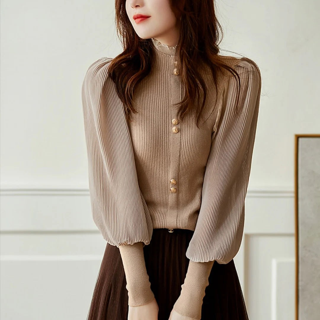Women's Frill High Neck Pleated Sleeve Blouse