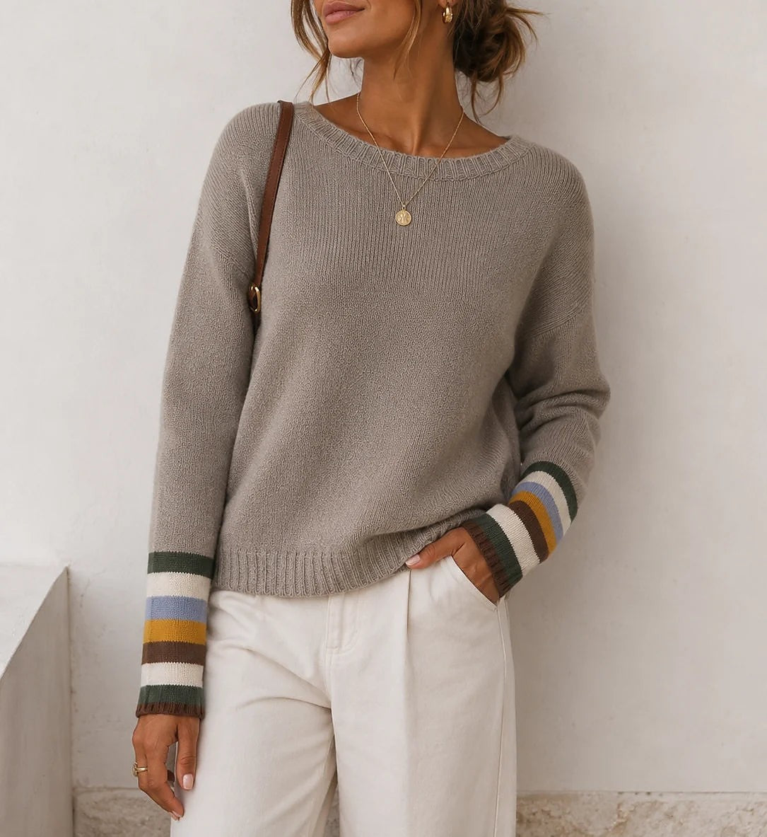 Women's Contrast Stripe Cuff Round Neck Jumper
