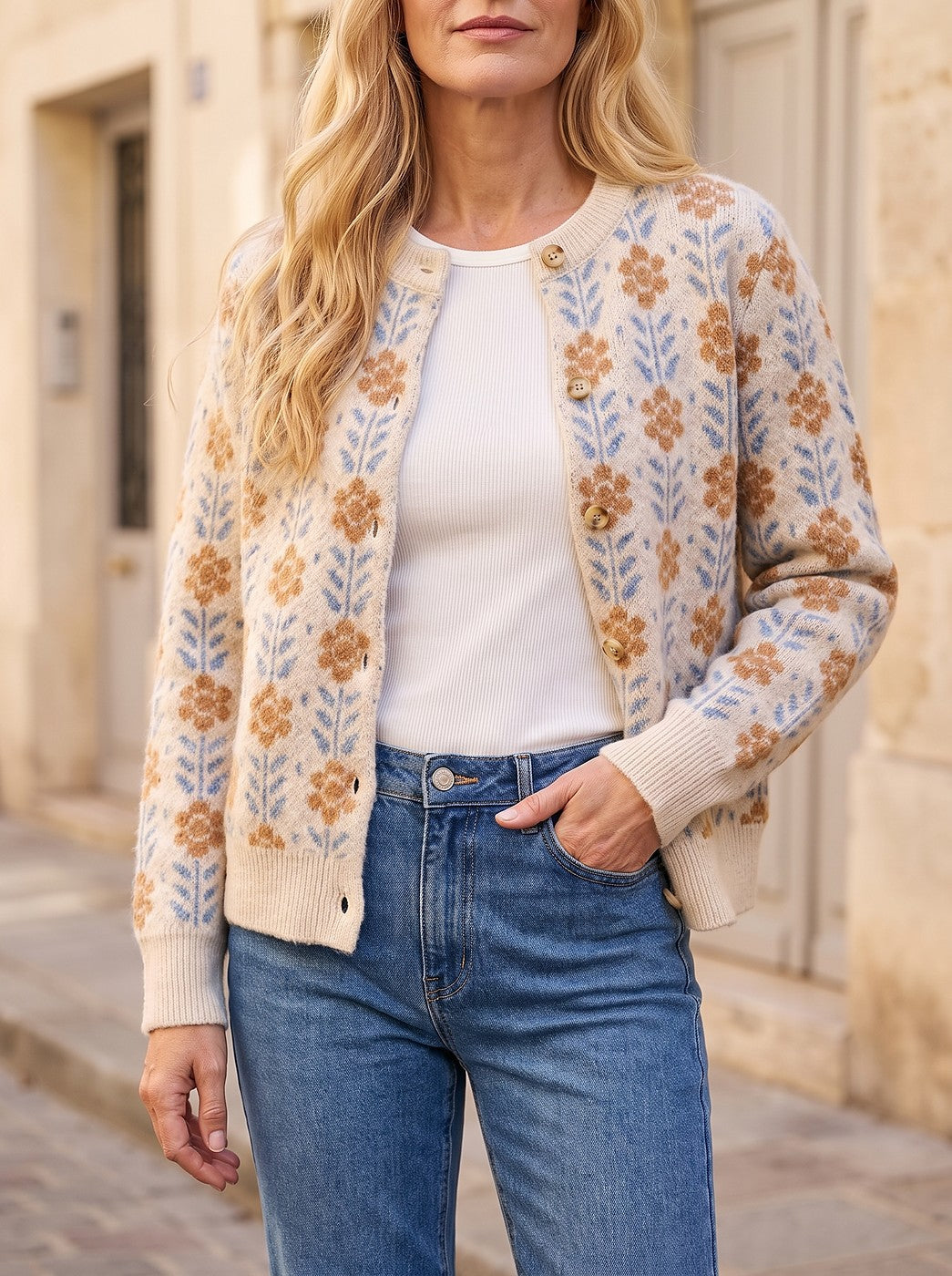 Women's Floral Jacquard Soft Knit Cardigan