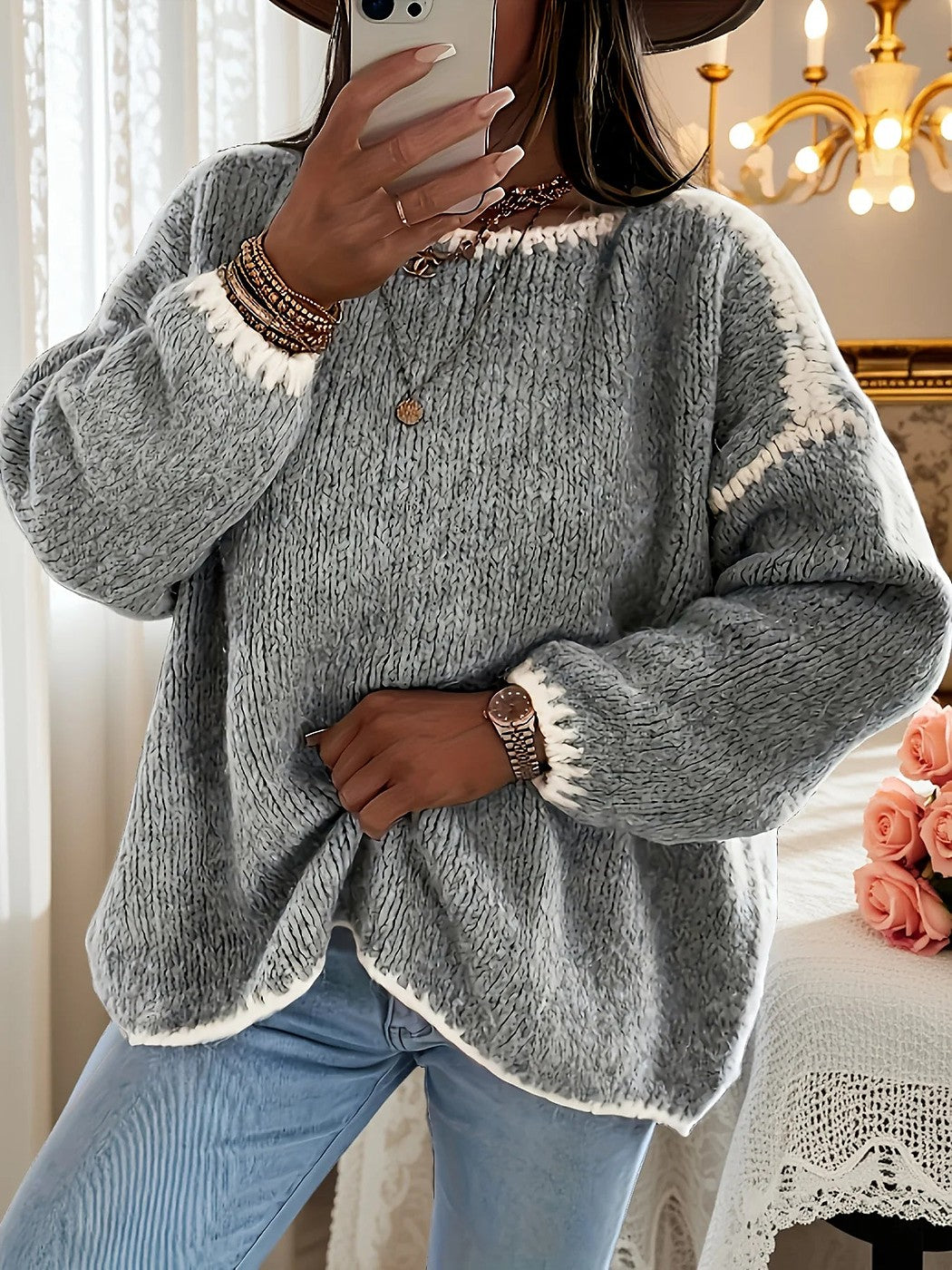Women's Contrast Trim Oversized Brushed Knit Jumper