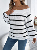 Women's Off Shoulder Chunky Stripe Knitted Jumper